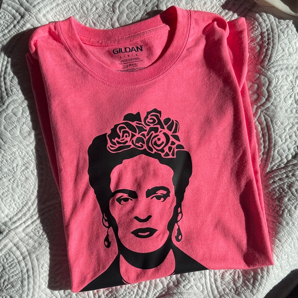 New Frida Kahlo Pink T-Shirt with Black Portrait Design